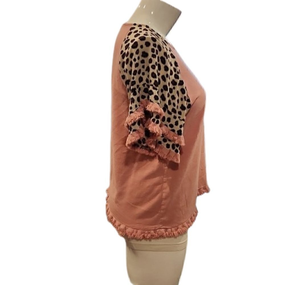 [Umgee] Pink Leopard Frayed Bell Sleeve Tunic - Size M - Picture 2 of 11